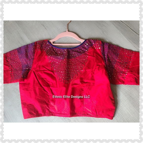 New Red and blue rain drop sequins embroidered handmade saree/lehenga blouse - Picture 4 of 8